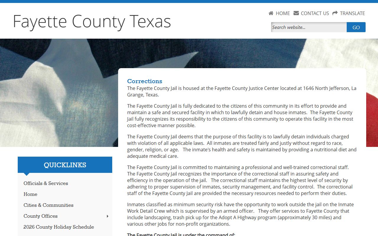Fayette County Jail corrections page for inmate custody information